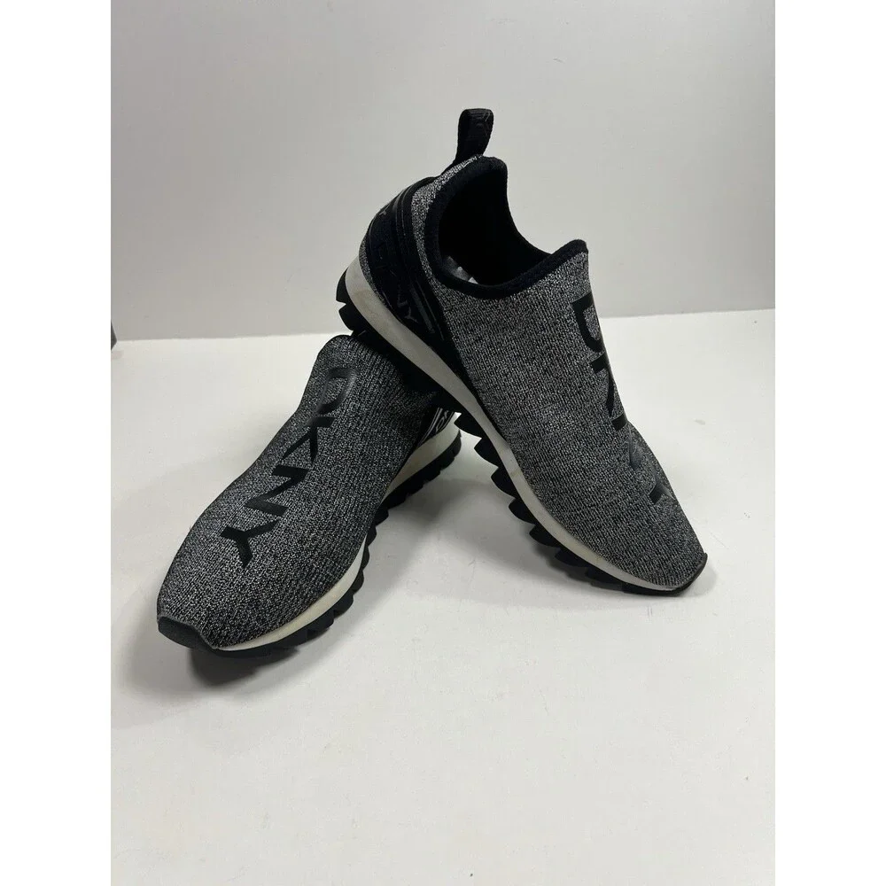 DKNY ABBI  Slip On Athletic Comfort Knit Shoes Silver/ Black Logo Sneakers Sz 9